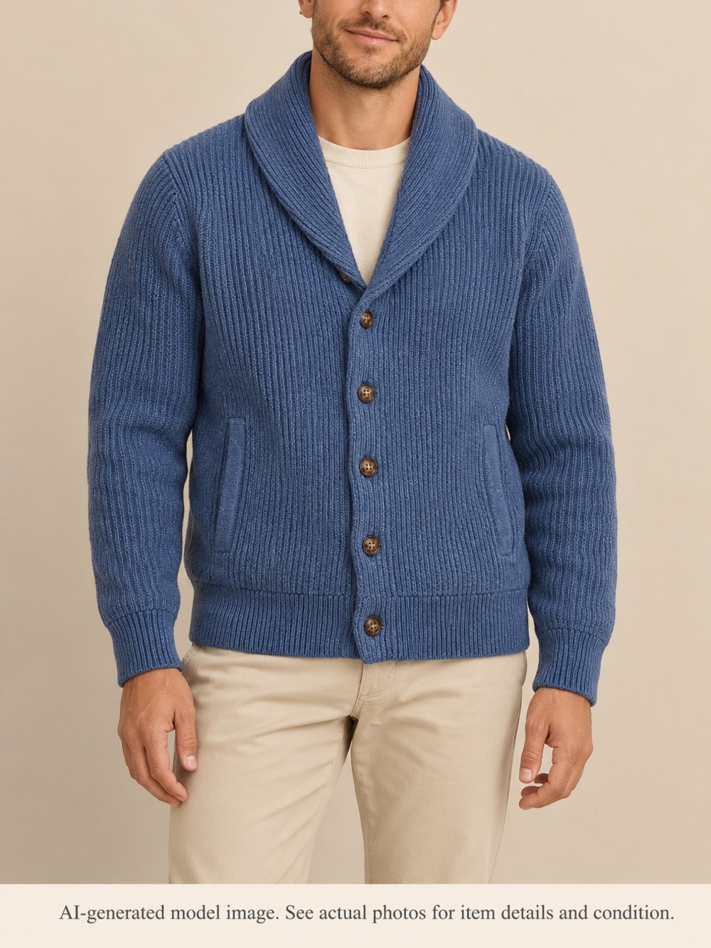 Brooks Brothers Cardigan Mens L Blue Fisherman Chunky Ribbed Shawl Collar Cotton